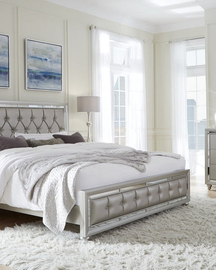 Silver with Mirror and Button Tufting Finish Bedroom Set (Bed, Dresser, Chest, Nightstand)