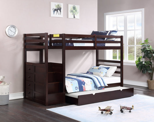 Horizontal Slats Wood Bunk Bed with Left-hand Staircase