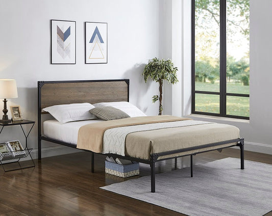 Wood Panel Bed with Headboard and Steel Frame