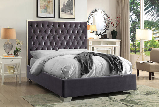 Velvet Bed with Deep Tufting and Chrome Trim