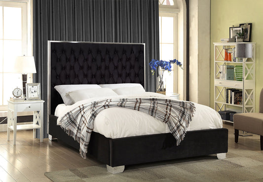 Velvet Bed with Deep Tufting and Chrome Trim