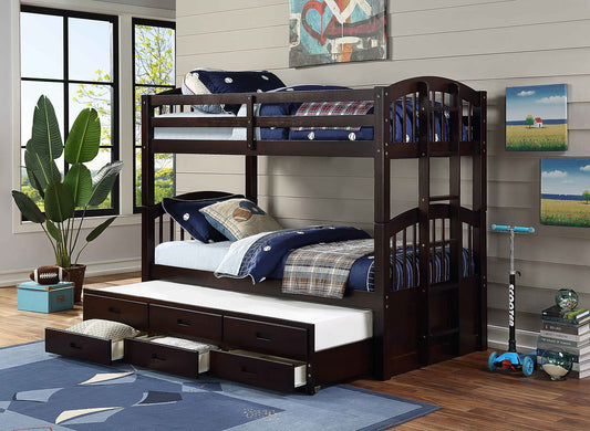 Horizontal Slats Wood Bunk Bed with Side Ladder, Trundle and Storage