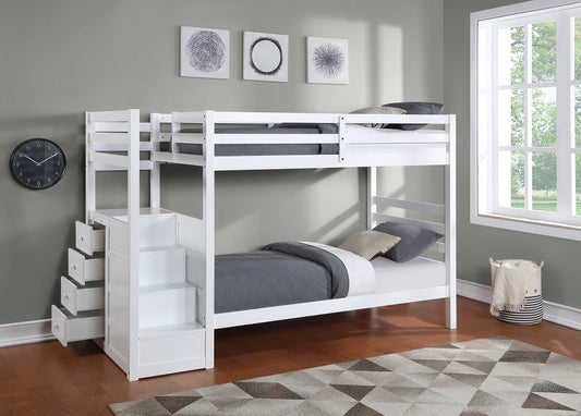 Horizontal Slats Wood Bunk Bed with Left-hand Staircase