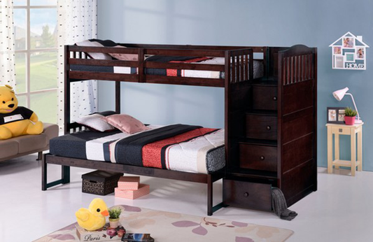 Horizontal Slats Wood Bunk Bed with Right-hand Staircase