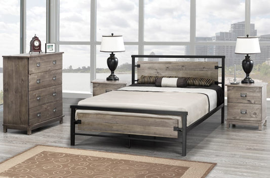 Distressed Wood and Metal Bedroom Set (Bed, Nightstand, Chest of Drawers)