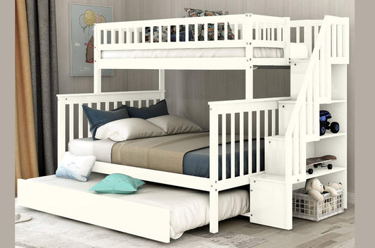 Vertical Slats Wood Tall Staircase Bunk Bed with Trundle and Shelving