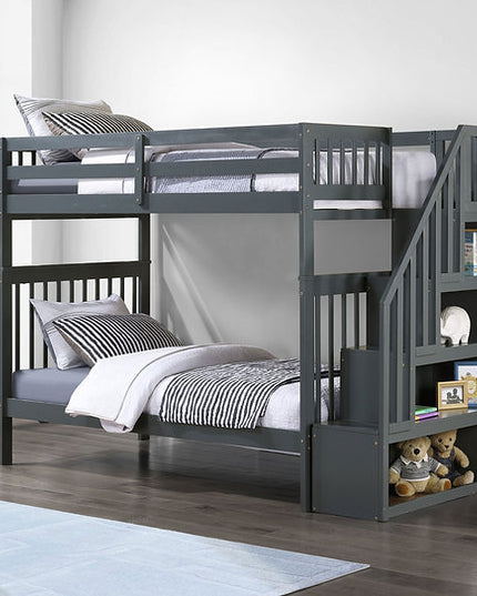 Vertical Slats Wood Tall Staircase Bunk Bed with Shelving and Optional Trundle/Storage