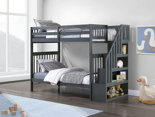 Vertical Slats Wood Tall Staircase Bunk Bed with Shelving and Optional Trundle/Storage