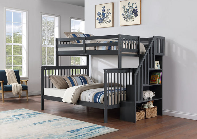 Vertical Slats Wood Tall Staircase Single/Double Bunk Bed with Shelving and Optional Trundle/Storage