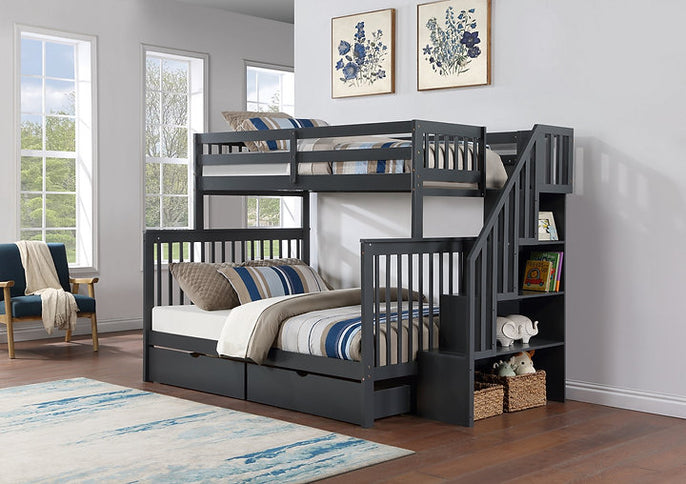 Vertical Slats Wood Tall Staircase Single/Double Bunk Bed with Shelving and Optional Trundle/Storage