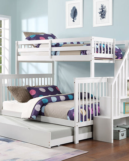 Vertical Slats Wood Tall Staircase Single/Double Bunk Bed with Shelving and Optional Trundle/Storage