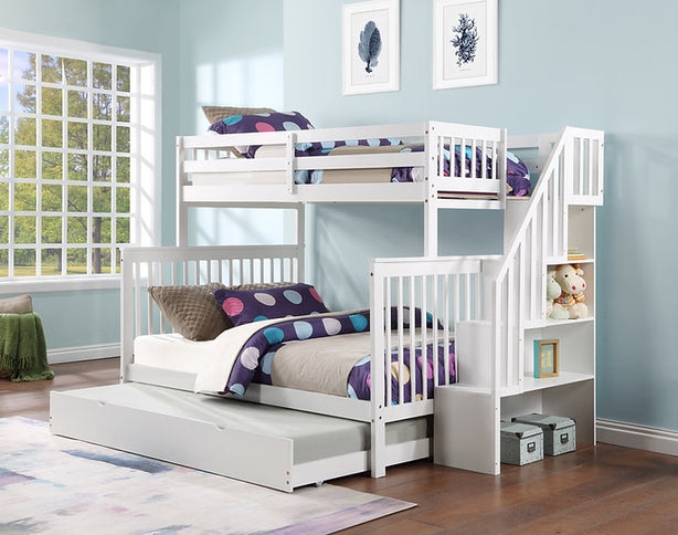 Vertical Slats Wood Tall Staircase Single/Double Bunk Bed with Shelving and Optional Trundle/Storage