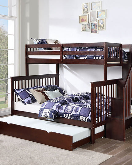Vertical Slats Wood Tall Staircase Single/Double Bunk Bed with Shelving and Optional Trundle/Storage