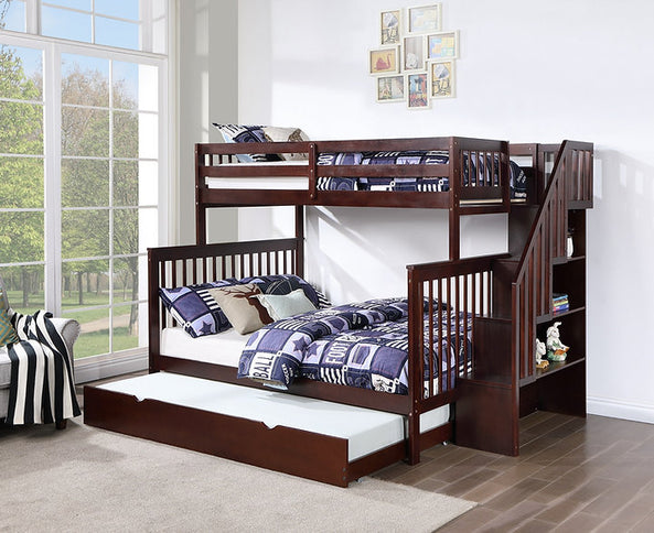 Vertical Slats Wood Tall Staircase Single/Double Bunk Bed with Shelving and Optional Trundle/Storage
