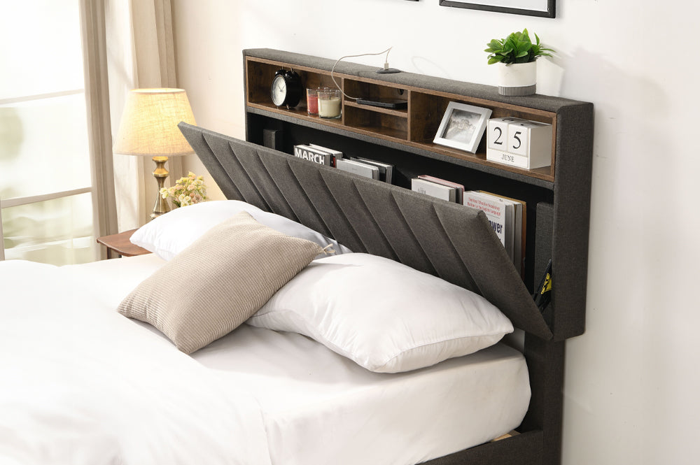 Vertical Panel Cubby Headboard Storage Bed