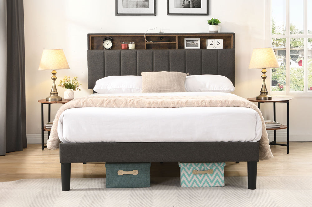 Vertical Panel Cubby Headboard Storage Bed