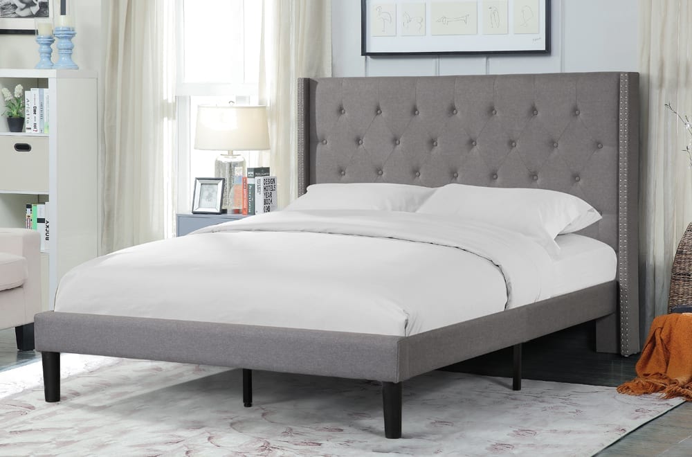 Button Tufted Headboard Bed with Nailhead Wing