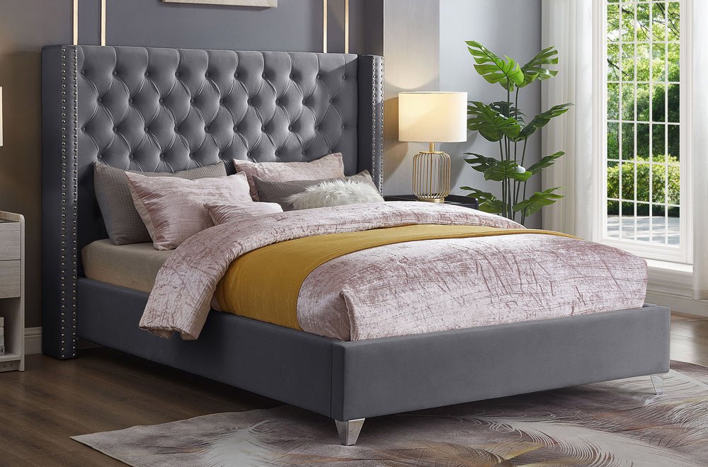 Velvet Tufted Headboard Platform Bed with Nailhead Wing Detail