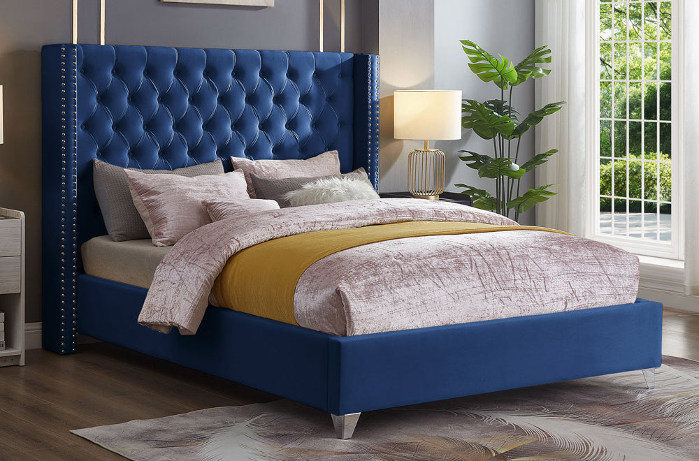 Velvet Tufted Headboard Platform Bed with Nailhead Wing Detail