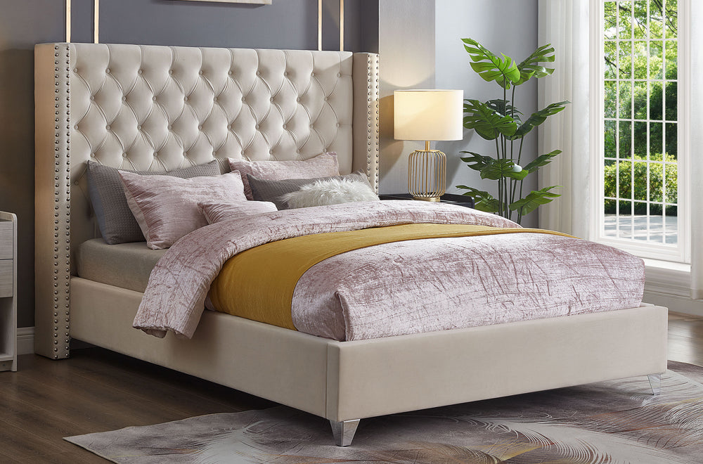 Velvet Tufted Headboard Platform Bed with Nailhead Wing Detail