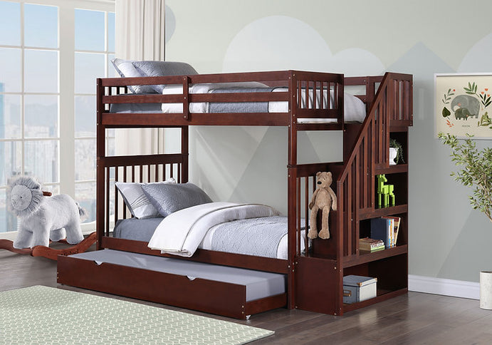 Vertical Slats Wood Tall Staircase Bunk Bed with Shelving and Optional Trundle/Storage