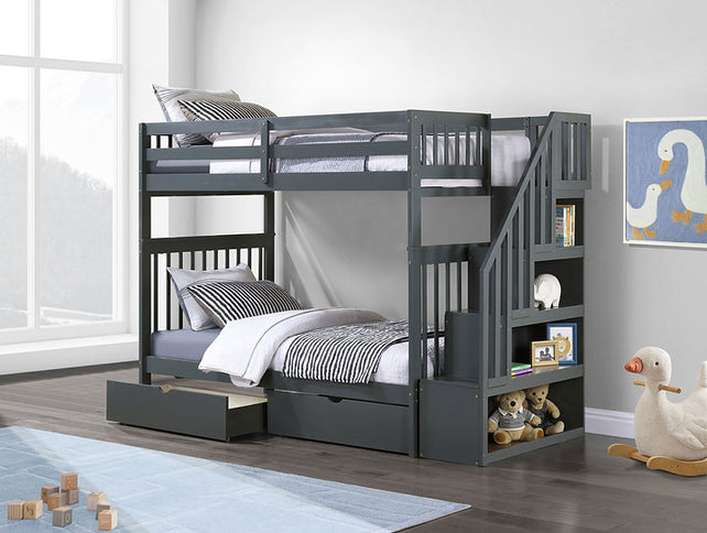 Vertical Slats Wood Tall Staircase Bunk Bed with Shelving and Optional Trundle/Storage