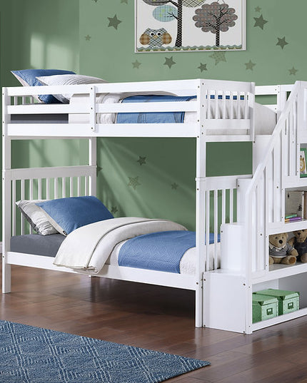 Vertical Slats Wood Tall Staircase Bunk Bed with Shelving and Optional Trundle/Storage