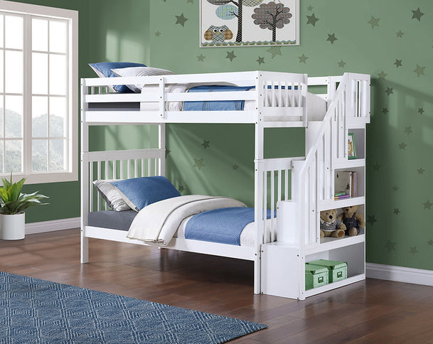 Vertical Slats Wood Tall Staircase Bunk Bed with Shelving and Optional Trundle/Storage