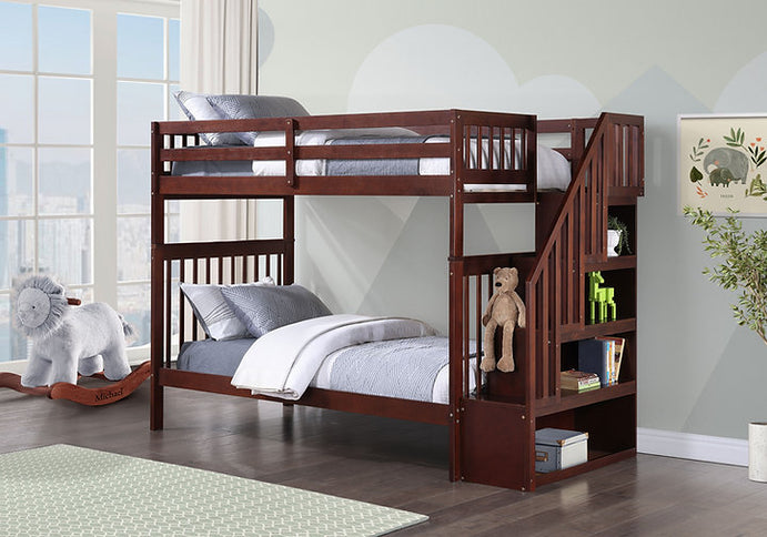 Vertical Slats Wood Tall Staircase Bunk Bed with Shelving and Optional Trundle/Storage