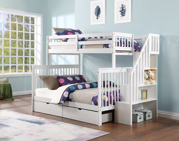 Vertical Slats Wood Tall Staircase Single/Double Bunk Bed with Shelving and Optional Trundle/Storage