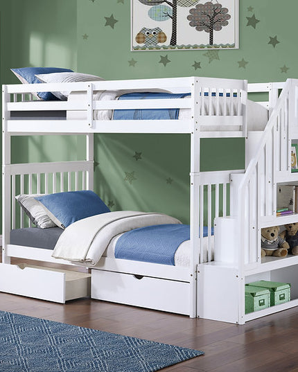 Vertical Slats Wood Tall Staircase Bunk Bed with Shelving and Optional Trundle/Storage