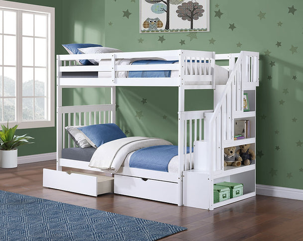 Vertical Slats Wood Tall Staircase Bunk Bed with Shelving and Optional Trundle/Storage