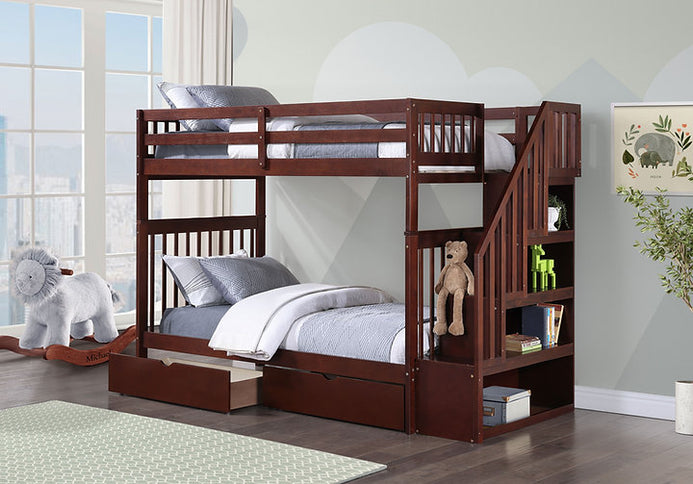 Vertical Slats Wood Tall Staircase Bunk Bed with Shelving and Optional Trundle/Storage