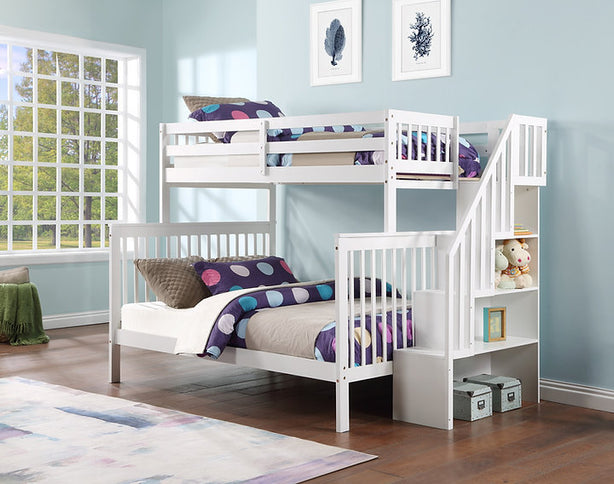 Vertical Slats Wood Tall Staircase Single/Double Bunk Bed with Shelving and Optional Trundle/Storage