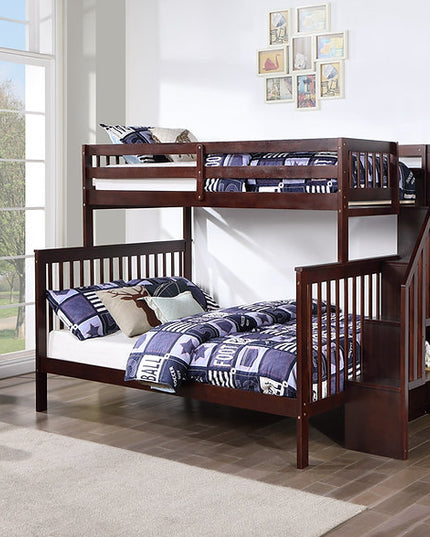 Vertical Slats Wood Tall Staircase Single/Double Bunk Bed with Shelving and Optional Trundle/Storage