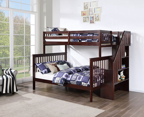 Vertical Slats Wood Tall Staircase Single/Double Bunk Bed with Shelving and Optional Trundle/Storage