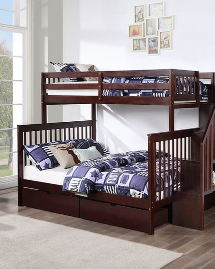 Vertical Slats Wood Tall Staircase Single/Double Bunk Bed with Shelving and Optional Trundle/Storage