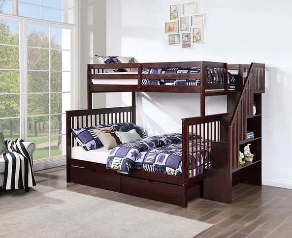 Vertical Slats Wood Tall Staircase Single/Double Bunk Bed with Shelving and Optional Trundle/Storage