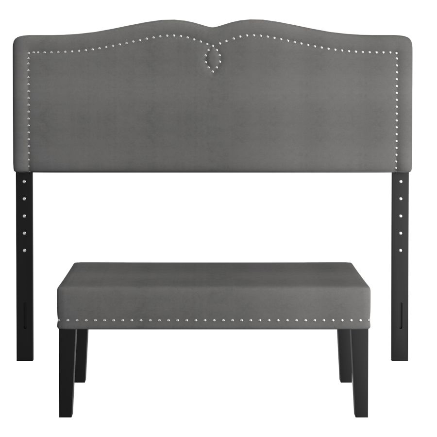 Velvet Headboard with Nailhead Detail and Matching Bench