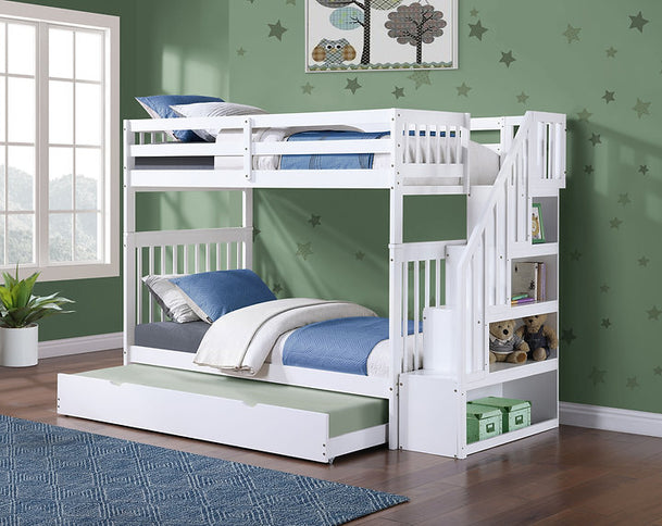 Vertical Slats Wood Tall Staircase Bunk Bed with Shelving and Optional Trundle/Storage