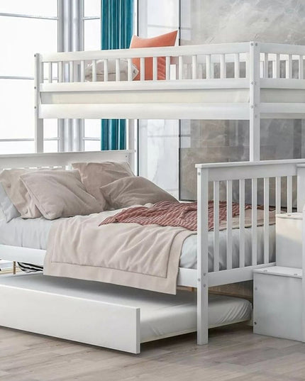 Vertical Slats Wood Tall Staircase Bunk Bed with Trundle and Shelving