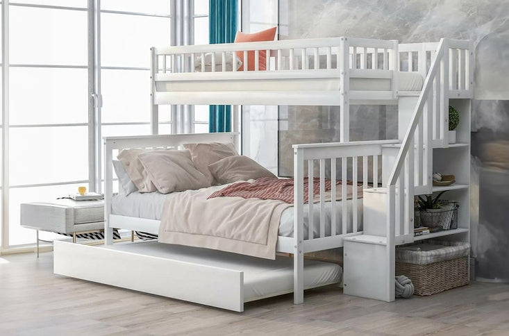 Vertical Slats Wood Tall Staircase Bunk Bed with Trundle and Shelving