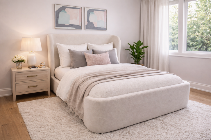 Custom Curved Wingback Upholstered Platform Bed