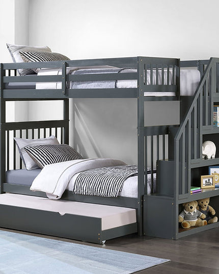 Vertical Slats Wood Tall Staircase Bunk Bed with Shelving and Optional Trundle/Storage