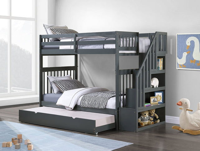 Vertical Slats Wood Tall Staircase Bunk Bed with Shelving and Optional Trundle/Storage