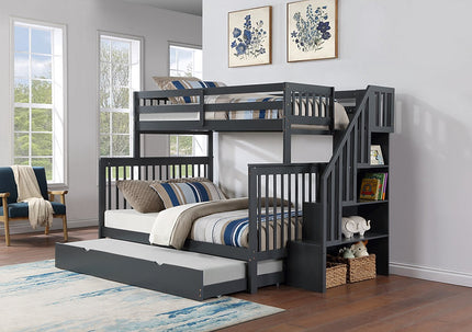 Vertical Slats Wood Tall Staircase Single/Double Bunk Bed with Shelving and Optional Trundle/Storage