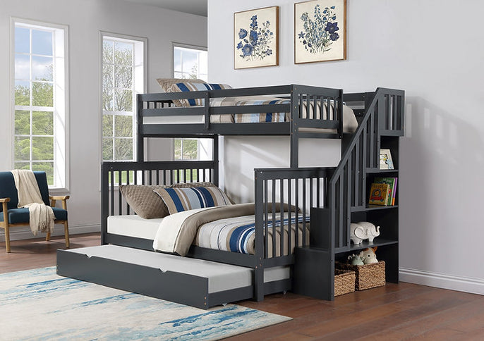 Vertical Slats Wood Tall Staircase Single/Double Bunk Bed with Shelving and Optional Trundle/Storage