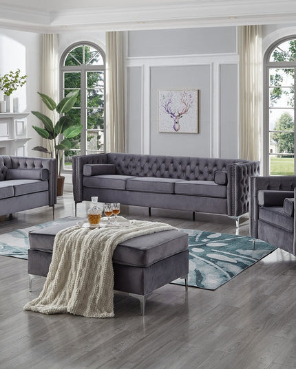 Grey Velvet Sofa Set with Deep Tufting (Available Individually or as a Set)