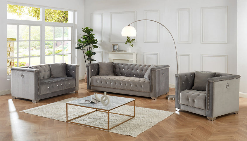 Velvet With Deep Tufting and Nailhead Details Sofa Set (Available Individually or as a Set)