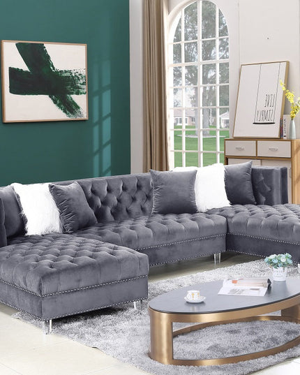 Grey Velvet Sectional Sofa with Two Chaises